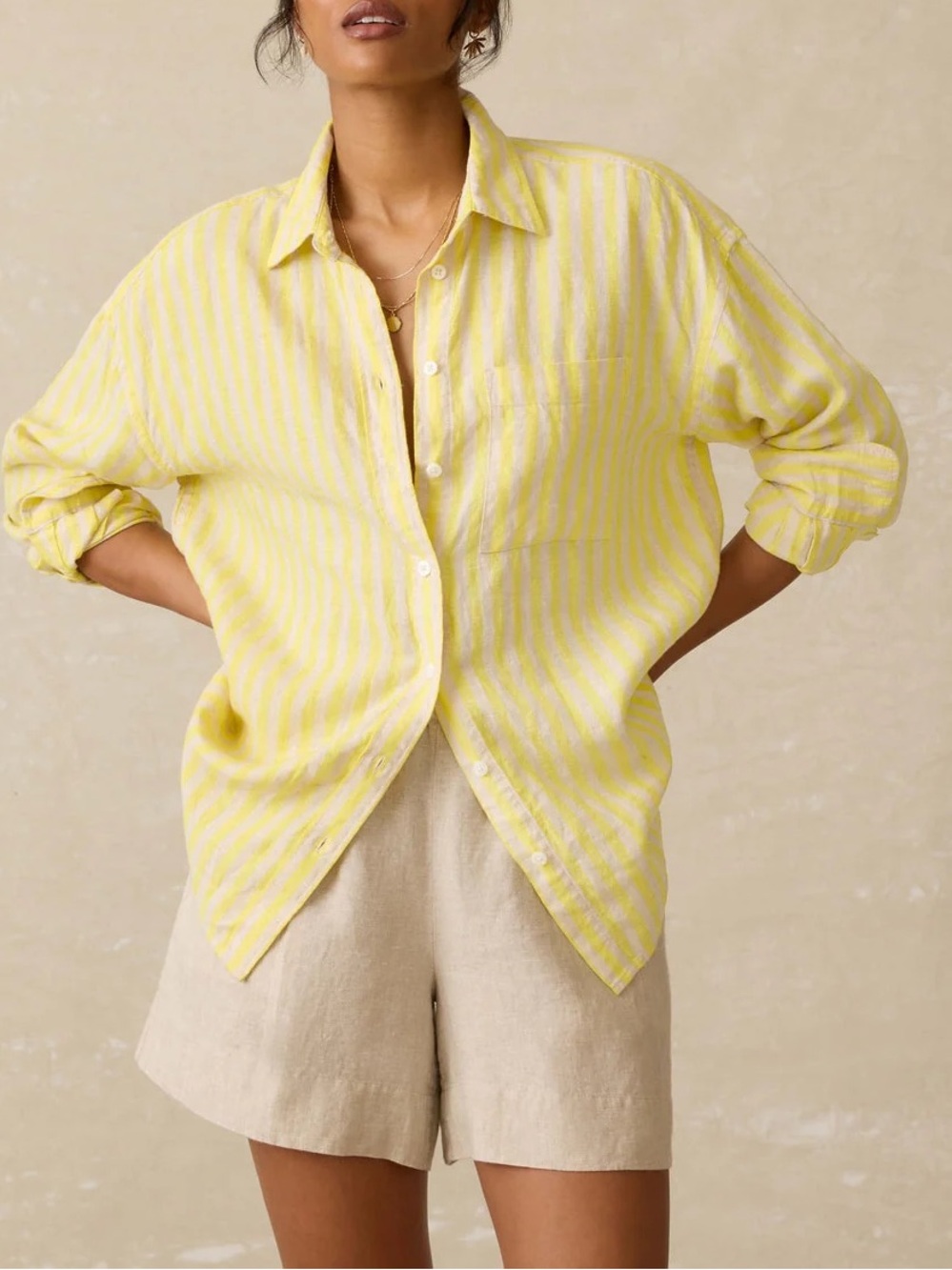 Faherty Laguna Linen Relaxed Shirt Golden Kiwi Lucy Stripe Button up size Small
